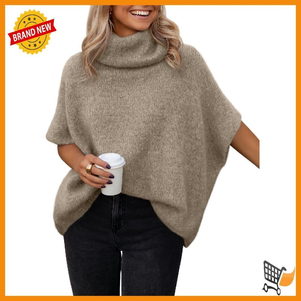 Oversized Mock Turtleneck Sweater Batwing Sleeves Cozy Pullover